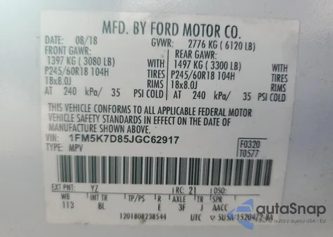 2018 Ford Explorer Xlt z USA, uszkodzony, nr VIN 1FM5K7D85JGC62917